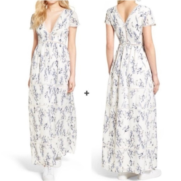 lucca Dresses & Skirts - Lucca Blue & White Floral Maxi Dress V-Neck Front & Back